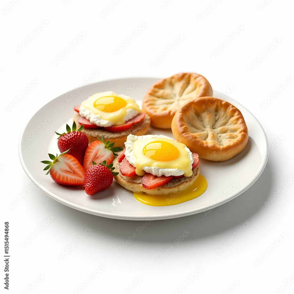 Elegant brunch plate combining assorted pastries fruits and eggs benedict on seamless white background with balanced lighting soft shadows realistic textures high resolution vector ready design ideal Elegant brunch plate combining assorted pastries fruits and eggs benedict on seamless white background with balanced lighting soft shadows realistic textures high resolution vector ready design ideal