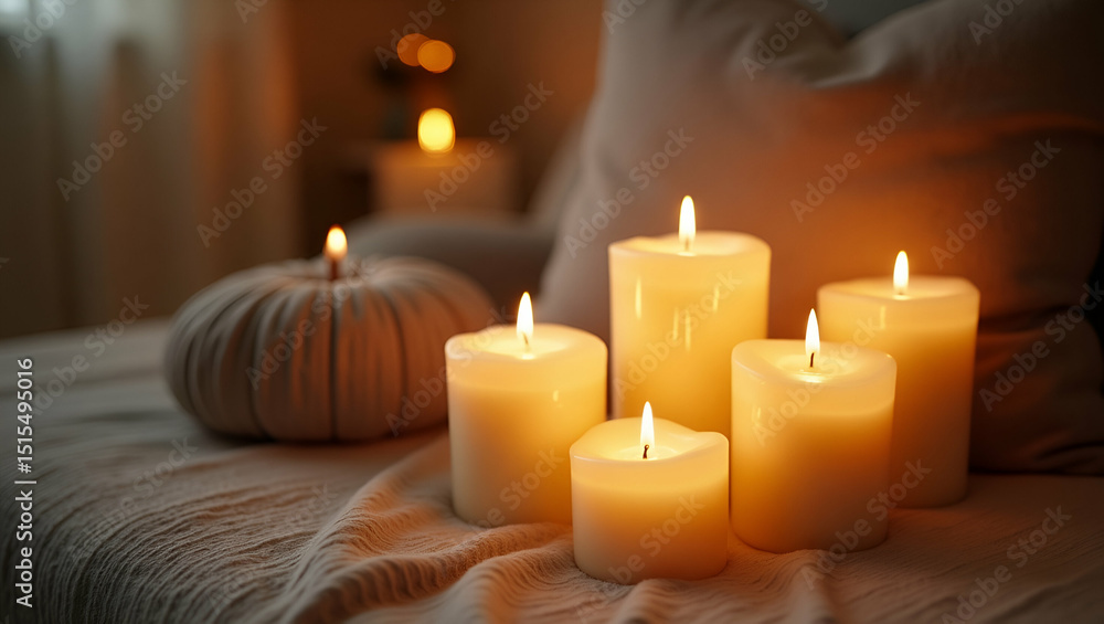 Serene Candlelit Vignette: Handmade Pillar Candles, Reflective Glass Accents, and Golden Glow for Lifestyle Photography with Empty Space Serene Candlelit Vignette: Handmade Pillar Candles, Reflective Glass Accents, and Golden Glow for Lifestyle Photography with Empty Space