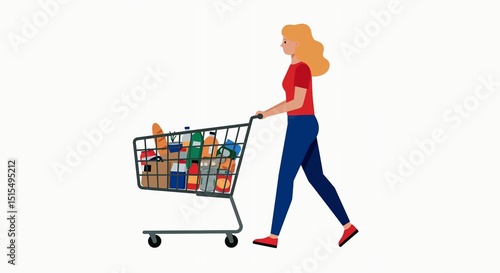 Woman pushing a shopping cart, clean vector illustration isolated on white background.