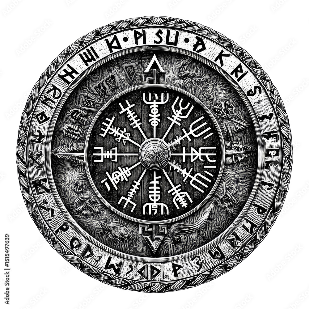 Fototapeta premium Intricate Viking Vegvisir Compass Rose with Runes