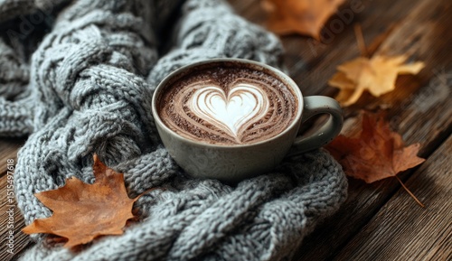 Cozy autumn scene  a heart-design latte in a grey mug nestled in a grey knit scarf, surrounded by autumn leaves on a wooden surface