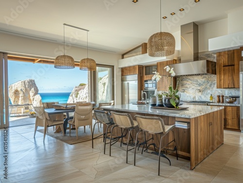 A kitchen with a large island and a view of the ocean. There are two dining tables  one in the foreground and one in the background. There are also two chairs at the tables