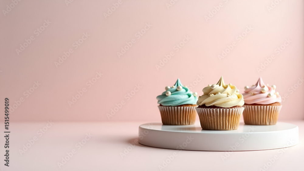 Whimsical Cupcake Selection: Pastel Frosting, Sugar Pearls & Sprinkles on Minimalist Pedestal - Studio Shot with Diffused Lighting & Empty Space for Text Whimsical Cupcake Selection: Pastel Frosting, Sugar Pearls & Sprinkles on Minimalist Pedestal - Studio Shot with Diffused Lighting & Empty Space for Text