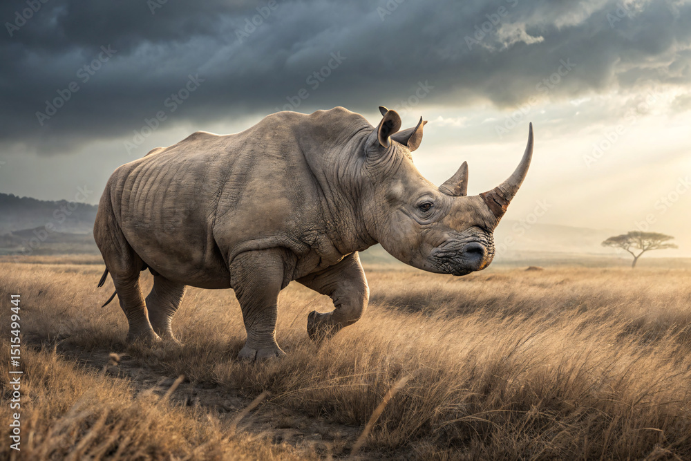 Fototapeta premium Majestic White Rhinoceros Grazing in African Savanna under Dramatic Sky