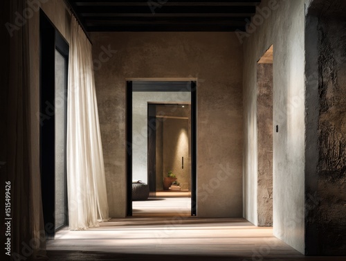 A long hallway with a white curtain hanging in the middle. There is a plant in the middle of the hallway
