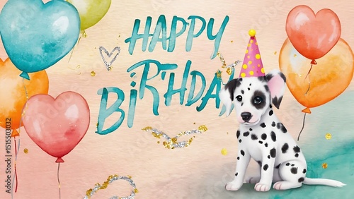 Dalmatian Dog Celebrating a Birthday with Balloons and Party Hat