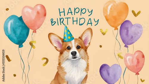 Dalmatian Dog Celebrating a Birthday with Balloons and Party Hat