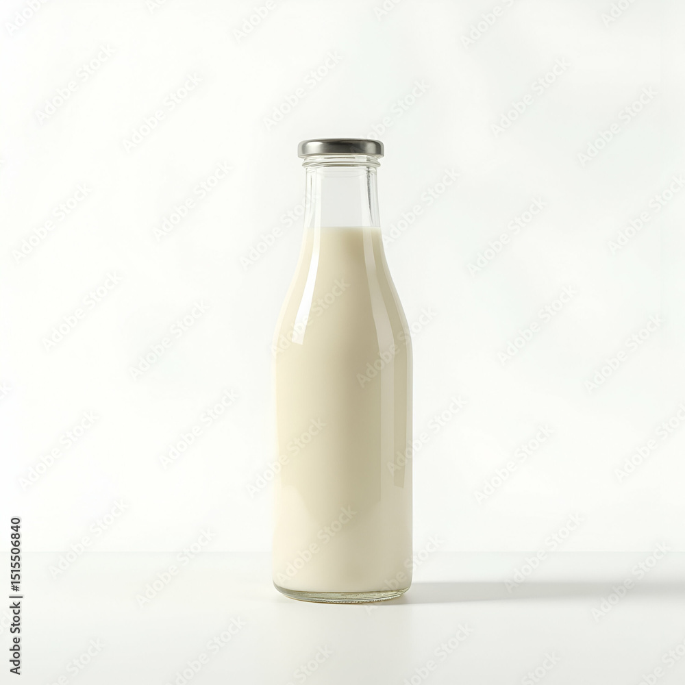 High Resolution Glass Milk Bottle on White Background - Creamy Liquid Texture, Reflective Surface, Soft Shadows, Ideal for Dairy Brand Packaging, Marketing Visuals, Empty Space High Resolution Glass Milk Bottle on White Background - Creamy Liquid Texture, Reflective Surface, Soft Shadows, Ideal for Dairy Brand Packaging, Marketing Visuals, Empty Space