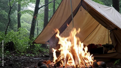tent at the forest with fire 
