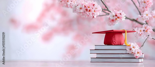 Graduation Cap With Cherry Blossoms and Books