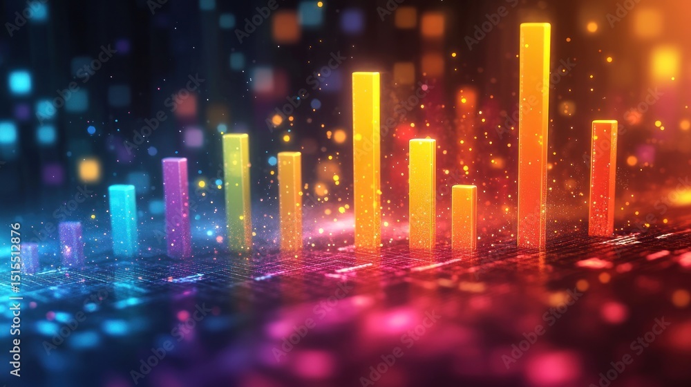 Fototapeta premium Abstract colorful 3D bar graph rising from glowing particles, representing growth, data, technology, and progress.