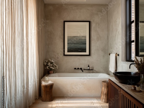 Wallpaper Mural A bathroom with a white bathtub and a black sink. A framed picture hangs on the wall Torontodigital.ca