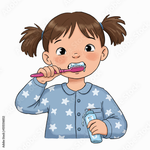 Cartoon child brushing teeth before bedtime, pajamas and toothbrush visible, dim lighting effect, cozy and sleepy atmosphere, white background, vector illustration style.