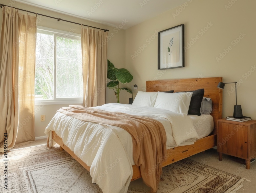 Fototapeta premium A bed with a brown blanket on it. The bed is in a room with a window. There is a plant on the bed