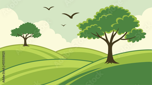Illustration of a landscape with green hills trees and birds flying in a cloudy sky background