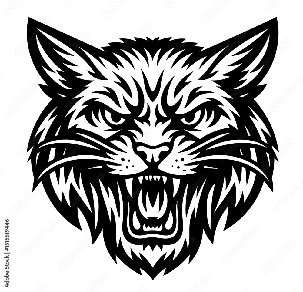 Fototapeta premium A black and white drawing of a cat with its mouth open and teeth bared