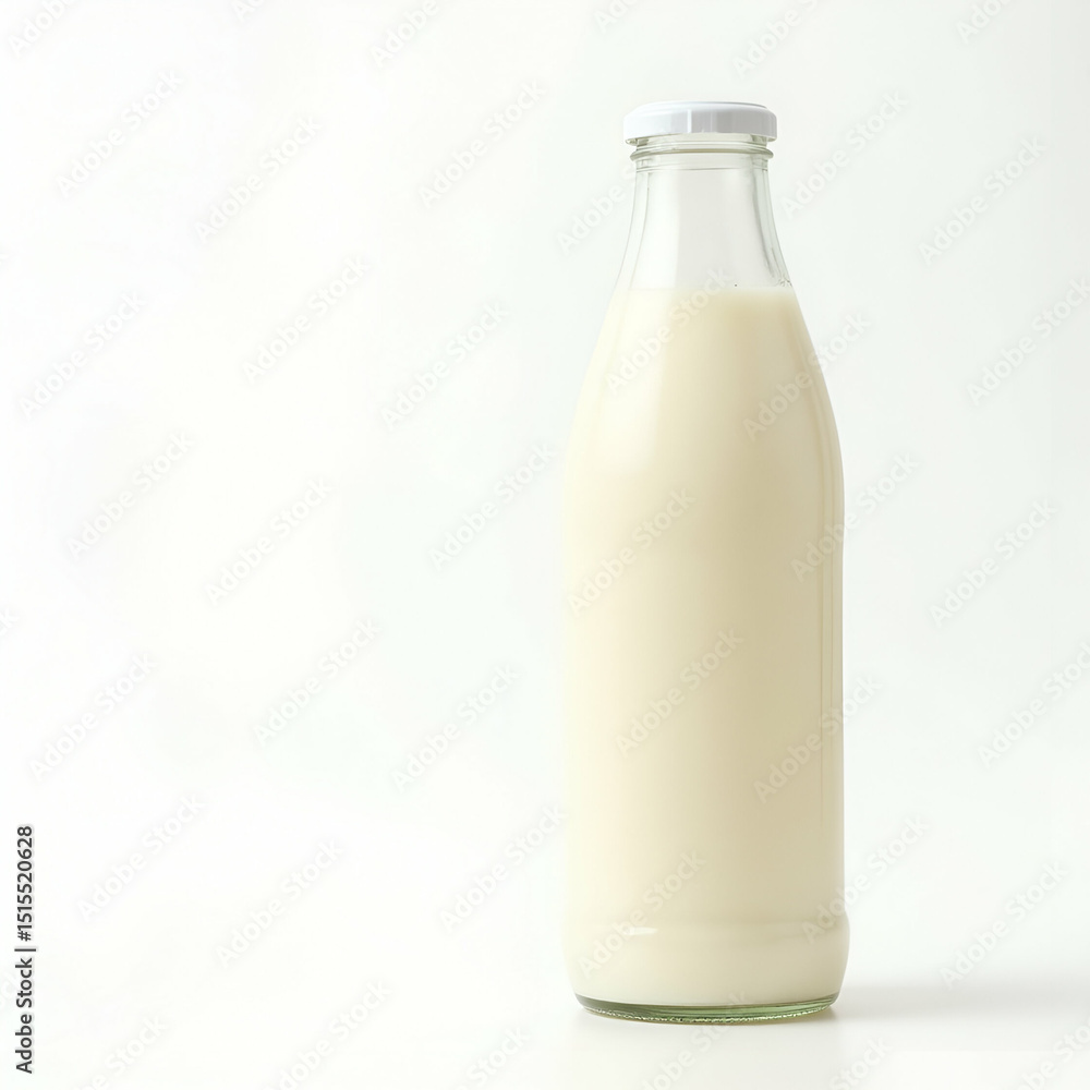 High clarity still life of a tall clear bottle filled with fresh milk placed on a bright white background isolated for natural dairy product campaigns and artisanal farm to table branding highlighting High clarity still life of a tall clear bottle filled with fresh milk placed on a bright white background isolated for natural dairy product campaigns and artisanal farm to table branding highlighting