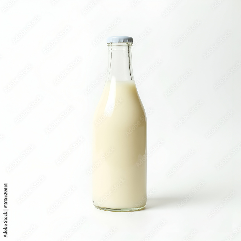 High Clarity Still Life: Tall Clear Bottle of Fresh Milk on Bright White Background - Perfect for Natural Dairy Product Campaigns and Artisanal Farm-to-Table Branding High Clarity Still Life: Tall Clear Bottle of Fresh Milk on Bright White Background - Perfect for Natural Dairy Product Campaigns and Artisanal Farm-to-Table Branding
