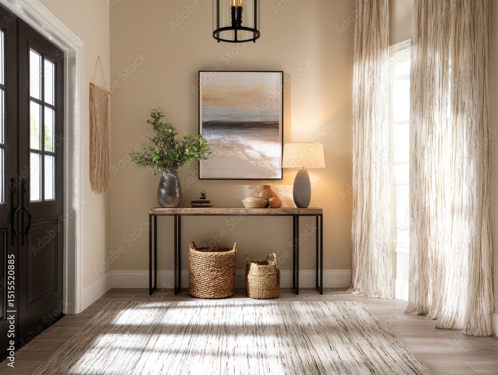 Fototapeta premium A hallway with a black door and a white door. A black and white picture hangs on the wall. A lamp is on a table. A vase with flowers is on the table. A basket is on the floor