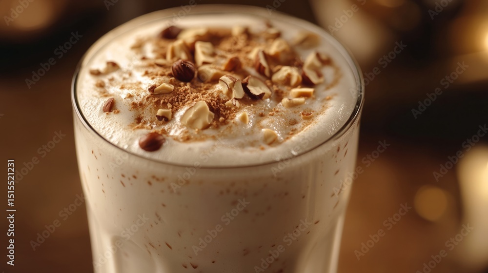 Hazelnut latte with walnut shavings, detailed foam texture, cozy and fuzzy coffee shop atmosphere. generative ai Hazelnut latte with walnut shavings, detailed foam texture, cozy and fuzzy coffee shop atmosphere. generative ai