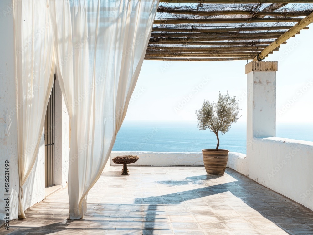 Fototapeta premium A white curtain is open on a balcony overlooking the ocean. A potted tree is on the balcony