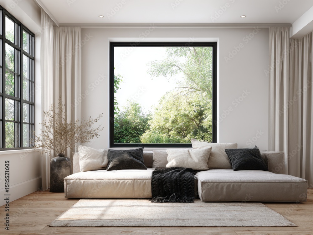 Fototapeta premium A large white couch with black pillows sits in front of a window. A vase with flowers sits on the floor in front of the couch