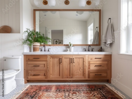 A bathroom with a toilet, sink, and mirror. The sink is white and has a mirror above it