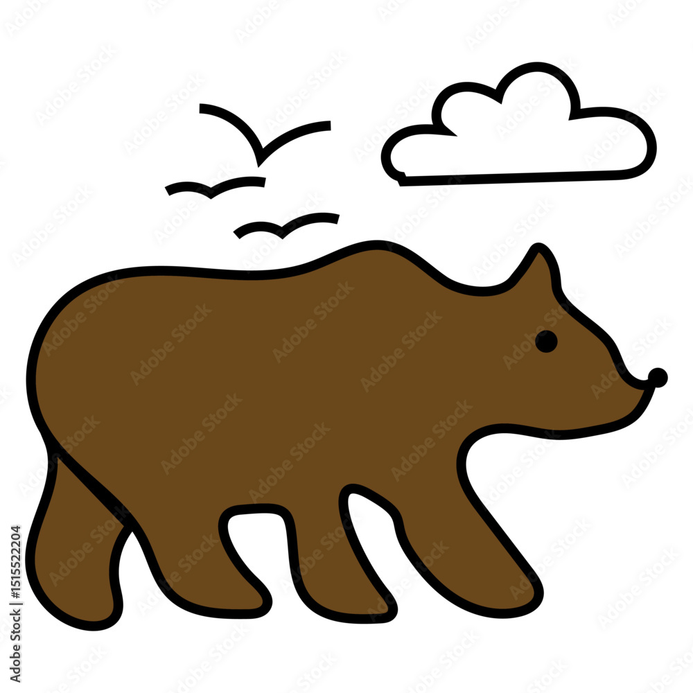 Bear walking illustration. Brown bear vector. Flying birds detail. Cloudy sky background. Bear walking illustration. Brown bear vector. Flying birds detail. Cloudy sky background.