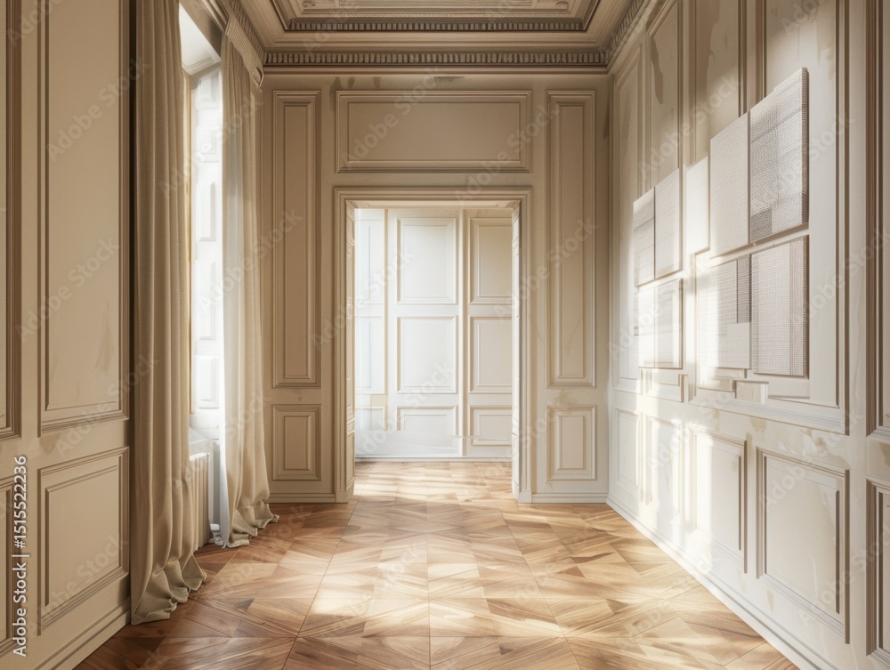 Fototapeta premium A large room with white walls and a wooden floor. There is a doorway in the middle of the room
