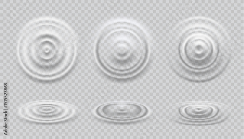 Top view ripple water wave, drop splash effect. Transparent liquid, milk or clean aqua drop splash motion 3d realistic vector surface concentric texture or effect. Water ripple waves top and side view