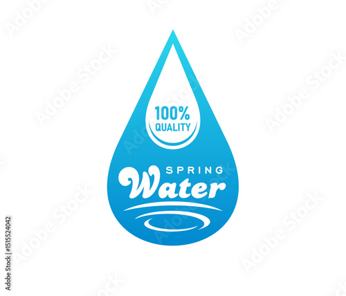 Spring water icon representing blue droplet with text 100 percent quality in blue and white colors. Vector emblem conveying nature freshness, purity and hydration for beverage brand and product labels