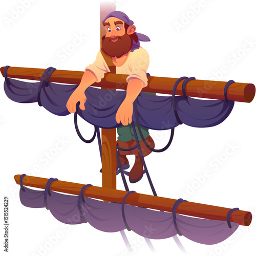 Pirate ship crew cartoon corsair character climbing ship mast rigging with tied sails and ropes. Vector bearded sailor personage in bandana leaning on wooden yardarm, ready for adventure or sea voyage