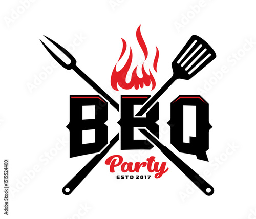 Bbq barbeque grill icon. Vector barbecue emblem with crossed fork and spatula utensils, fire and bold text representing a BBQ party established in 2017, signifying outdoor grilling and cooking culture