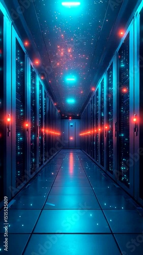 Futuristic data center with glowing servers and lights