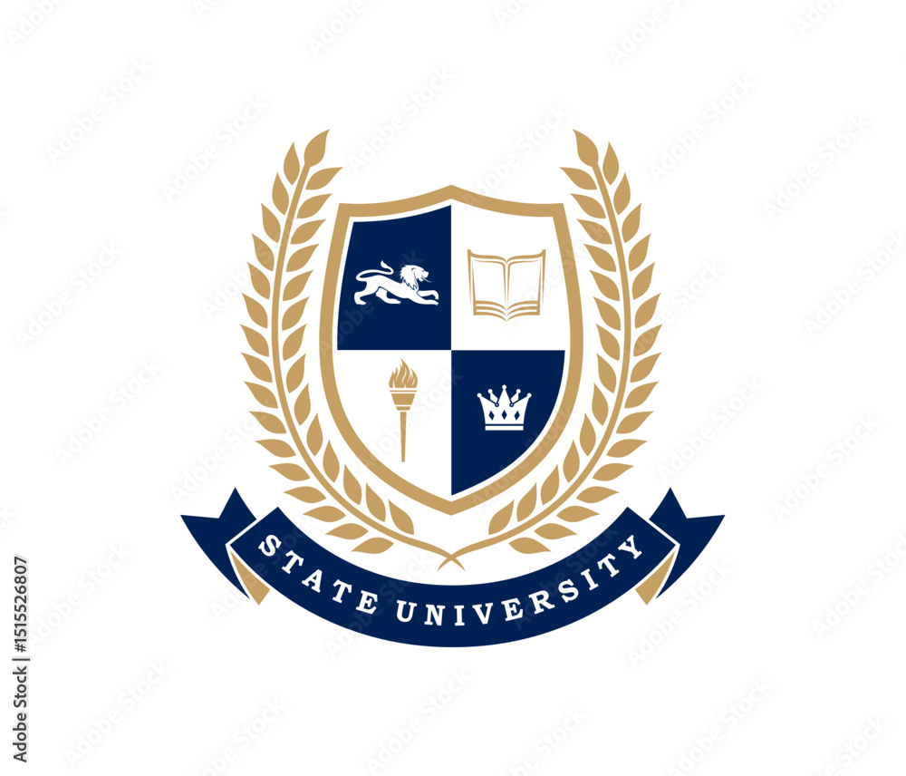 Fotografie University icon featuring shield, laurel branches, lion, book, torch, and crown