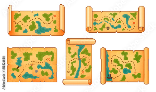 8 bit pixel art ancient pirate treasure maps with scroll edges, island paths, red x marks and pixelated land and water. Cartoon vector old nautical game asset, 8bit retro ancient paper textures