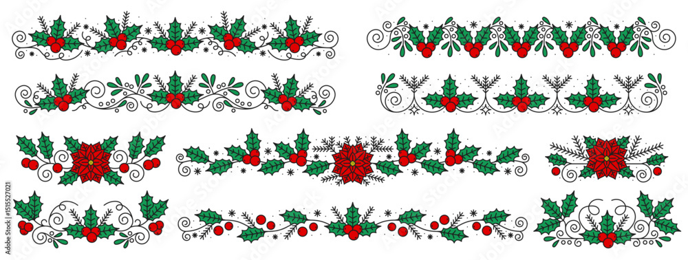 Naklejka premium Ornate holly berry dividers and borders. Christmas vector trims with green holly leaves, red berries and poinsettia flowers. Festive decorative elements for winter ornaments with swirls and branches