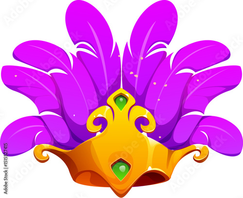 Cartoon Brazil carnival party headwear for festive celebration. Vector golden crown with bright purple feathers, representing spirit of Brazilian festivals, mardi gras masquerade or circus performance