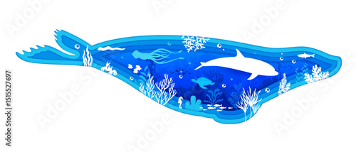 Paper cut fur seal silhouette with sea animals and underwater landscape. Vector 3d paper cut layered seal frame with dolphin, fish shoals, sea turtle and seahorse at underwater landscape background