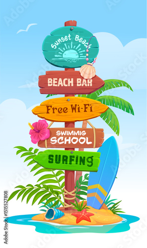 Beach signboard, vacation wooden sign board signage. Cartoon vector tropical signpost with colorful wood planks showing directions to sunset beach, bar, free wifi, swimming school, surfing activities