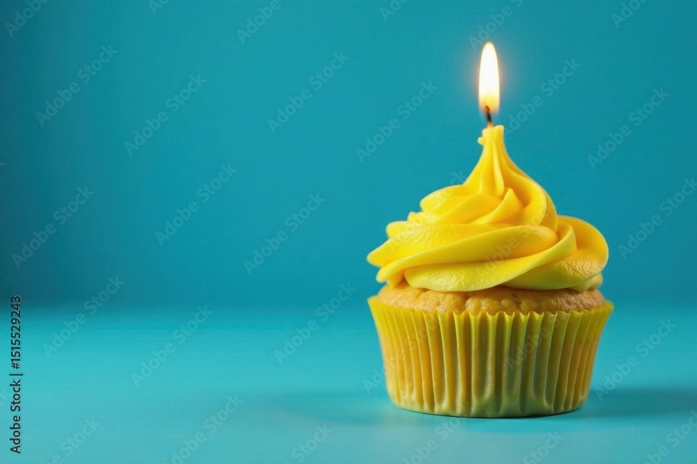 A single yellow cupcake with lit candle, blue backdrop, bright, still life, birthday A single yellow cupcake with lit candle, blue backdrop, bright, still life, birthday