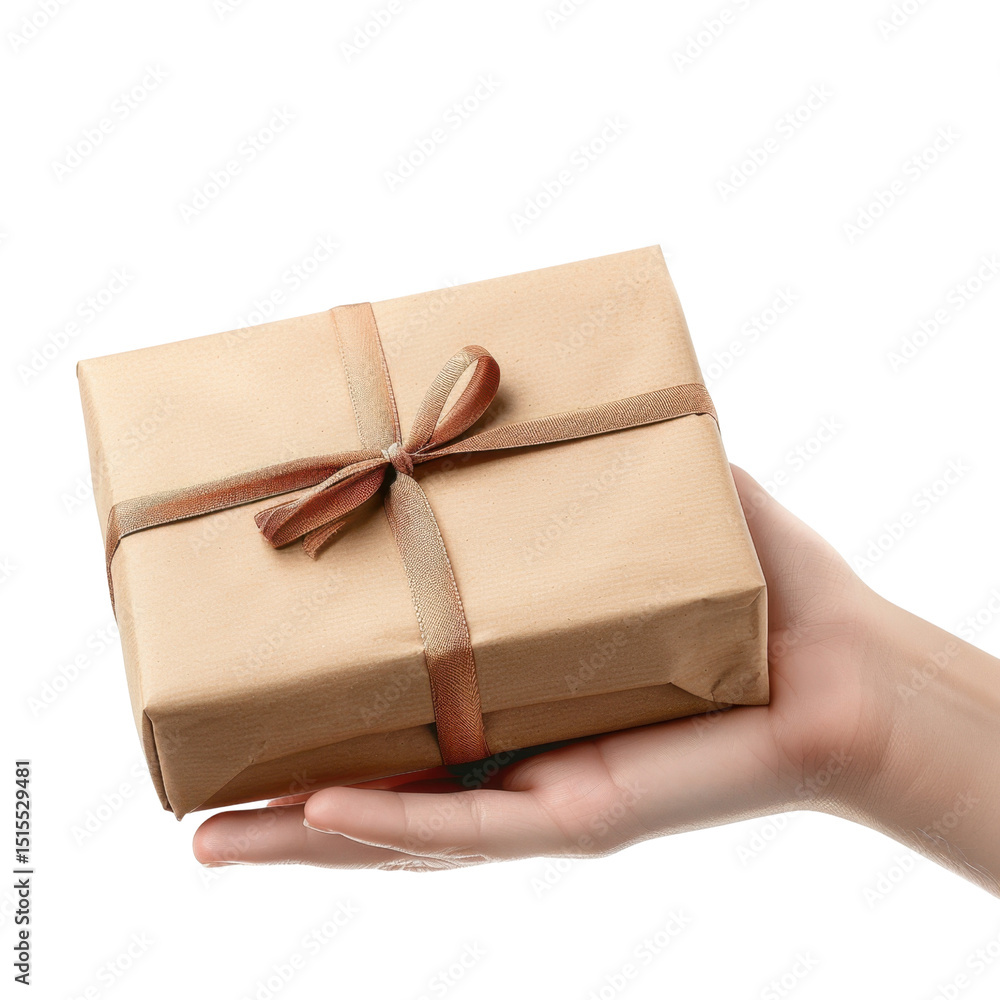 Hand holds beautifully wrapped gift box with ribbon, symbolizing joy of giving and receiving. neutral tones of packaging create warm and inviting atmosphere Hand holds beautifully wrapped gift box with ribbon, symbolizing joy of giving and receiving. neutral tones of packaging create warm and inviting atmosphere
