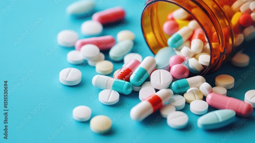 Colorful Pills and Capsules Spilling from a Bottle on a Turquoise Surface Colorful Pills and Capsules Spilling from a Bottle on a Turquoise Surface