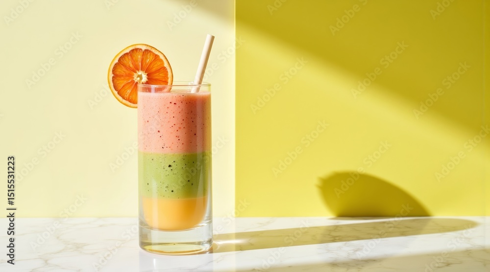 Fototapeta premium Colorful layered smoothie in tall glass with orange slice garnish 