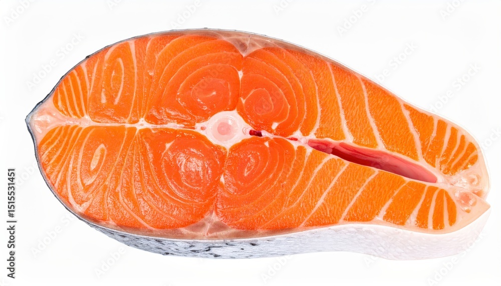 Close-Up of Raw Salmon Steak Slice with Skin and Rich Marbled Texture Close-Up of Raw Salmon Steak Slice with Skin and Rich Marbled Texture