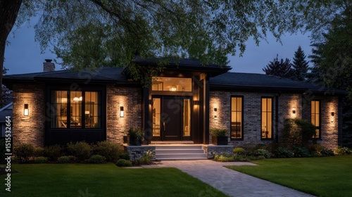 Modern Brick Home at Dusk  Illuminated Exterior