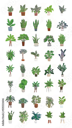 Lush Greenery Botanical Illustration: Modern Stylized Artwork of Decorative Indoor Potted Plants, Succulents, and Foliage for Eco-Friendly Home Décor