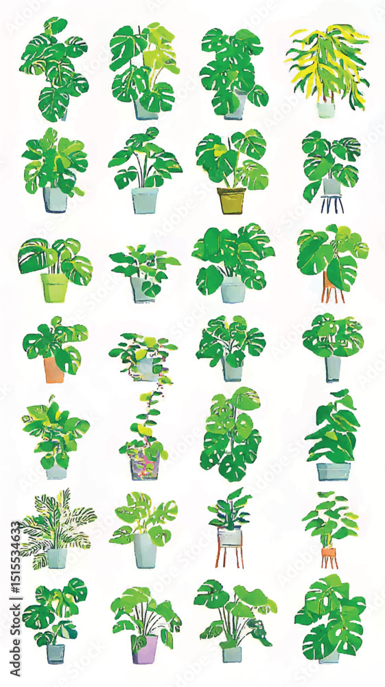 Fototapeta premium Botanical Paradise: Indoor Potted Plants and Tropical Foliage Illustration - Art Print Featuring Decorative Monstera Leaves for a Nature-Inspired Home Decor