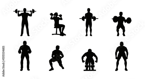 Silhouettes of Fitness Training Exercises with Weights for Strength and Conditioning