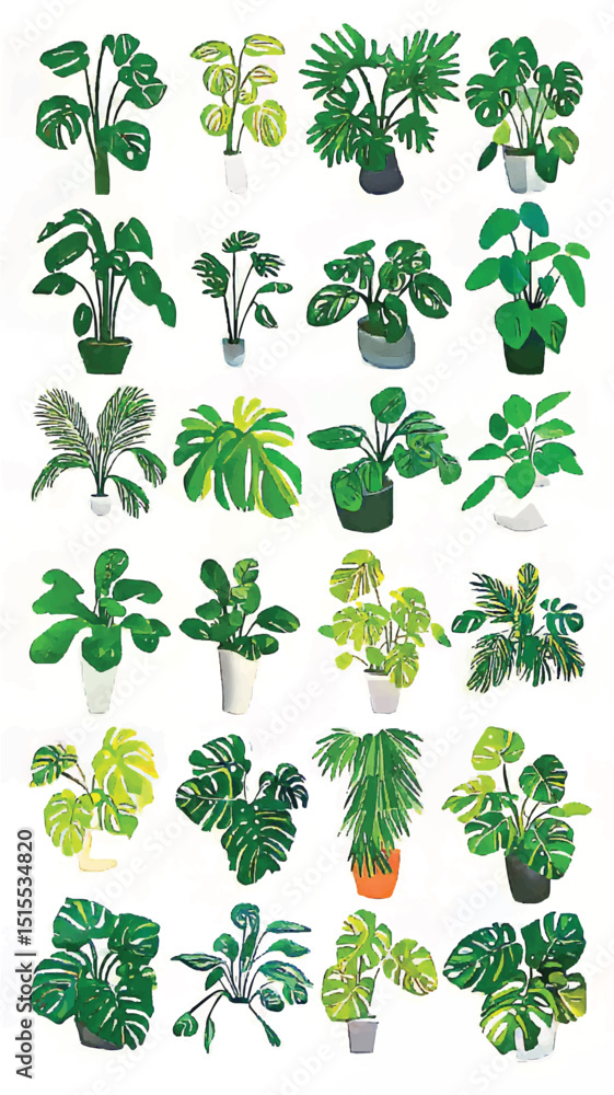Fototapeta premium Lush Potted Plants and Botanical Illustrations: Eco-Friendly Home Decor with Leafy Green Nature Designs